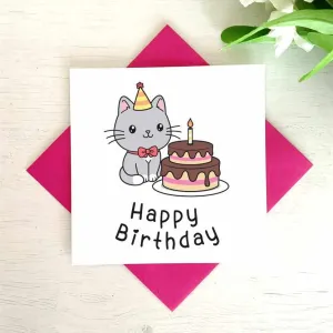 Birthday Card - Cat Celebrating With Whole Cake