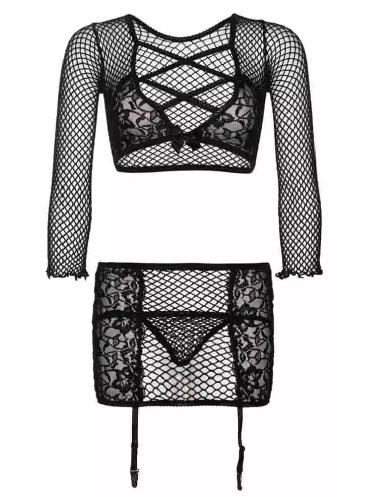 Black Fishnet & Floral Lace Skirt Set