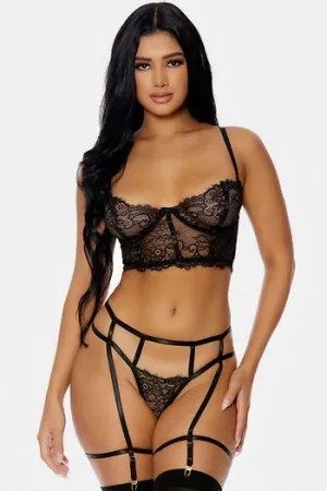 Black Scalloped Lace Bustier & Strappy Panty Set Lingerie