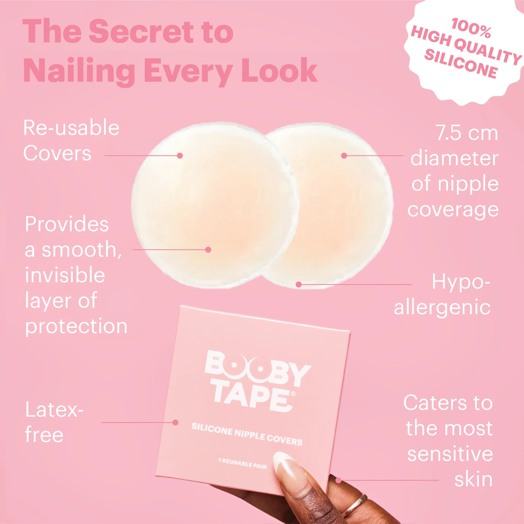 Booby Tape Silicone Nipple Covers, Reusable Adhesive Breast Petals, Nude, 7.5 cm each, 1 Pair