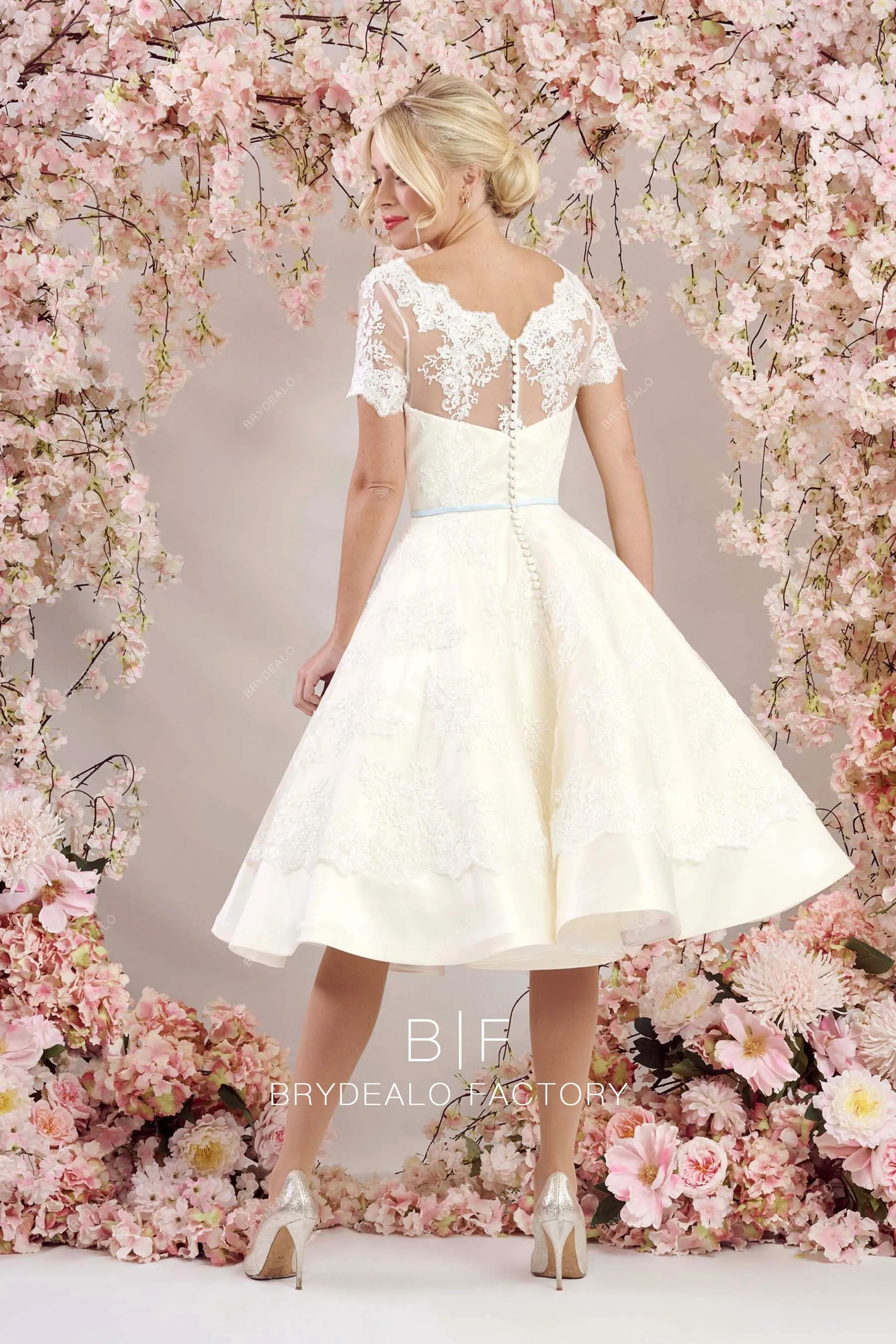 Classic French Lace V-neck Short Puffy A-line Bridal Gown