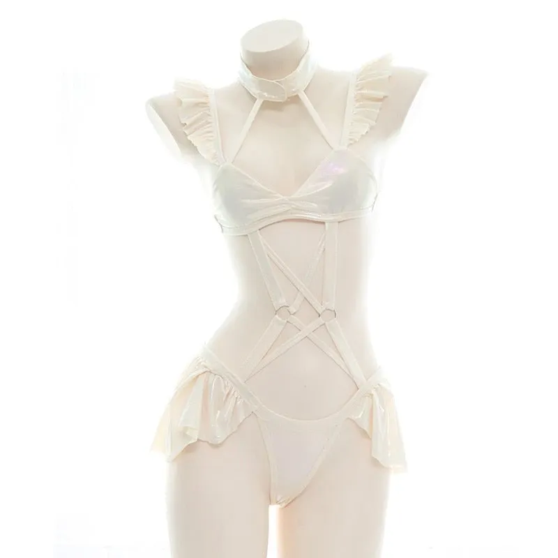 Cream Ruffled Harness Lingerie Set