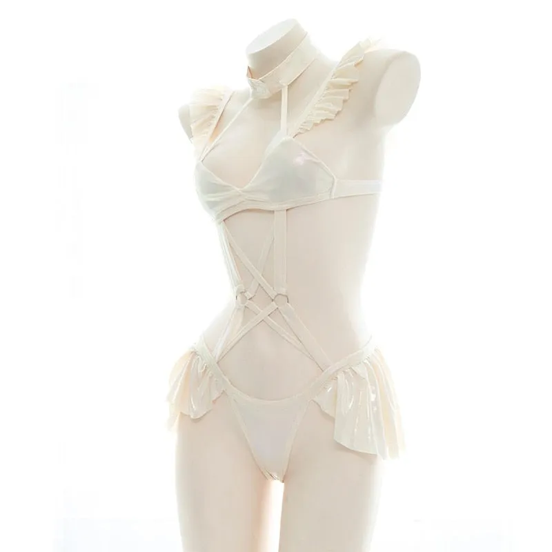 Cream Ruffled Harness Lingerie Set