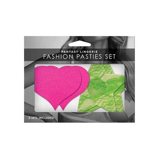 Fantasy Lingerie - Fashion Pasties Set Pack of 2 UV Reactive Neon Lace Pasties