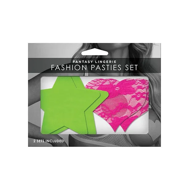 Fantasy Lingerie - Fashion Pasties Set Pack of 2 UV Reactive Neon Lace Pasties