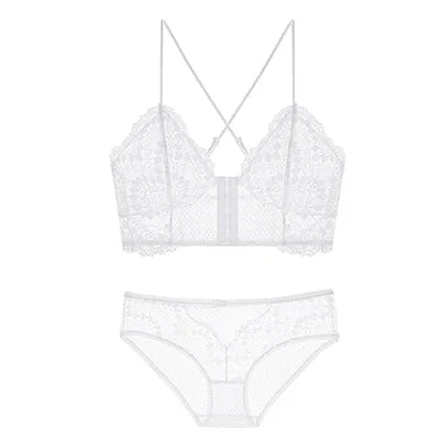 French Retro Lace Front Buckle Bra Set Wire Free Bralette Ultra-Thin Lingerie Sets Beauty Back Underwear