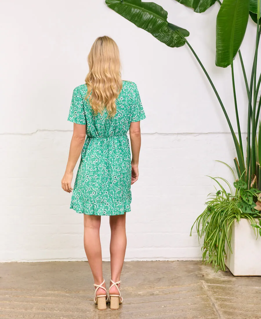 Green Ditsy Floral Ruche Side Mini Dress