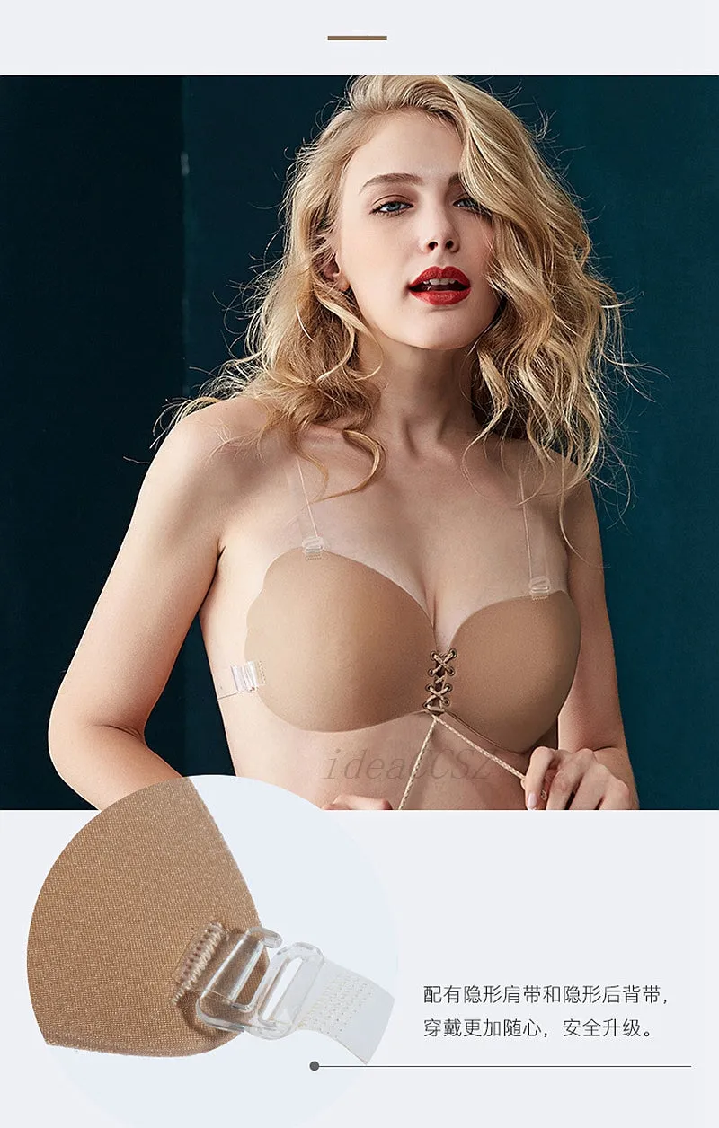 Invisible Bra Push Up Silicone Bra for Wedding Sticky Bra Reusable with Transparent Straps Backless Bralette Lingerie Top Plus