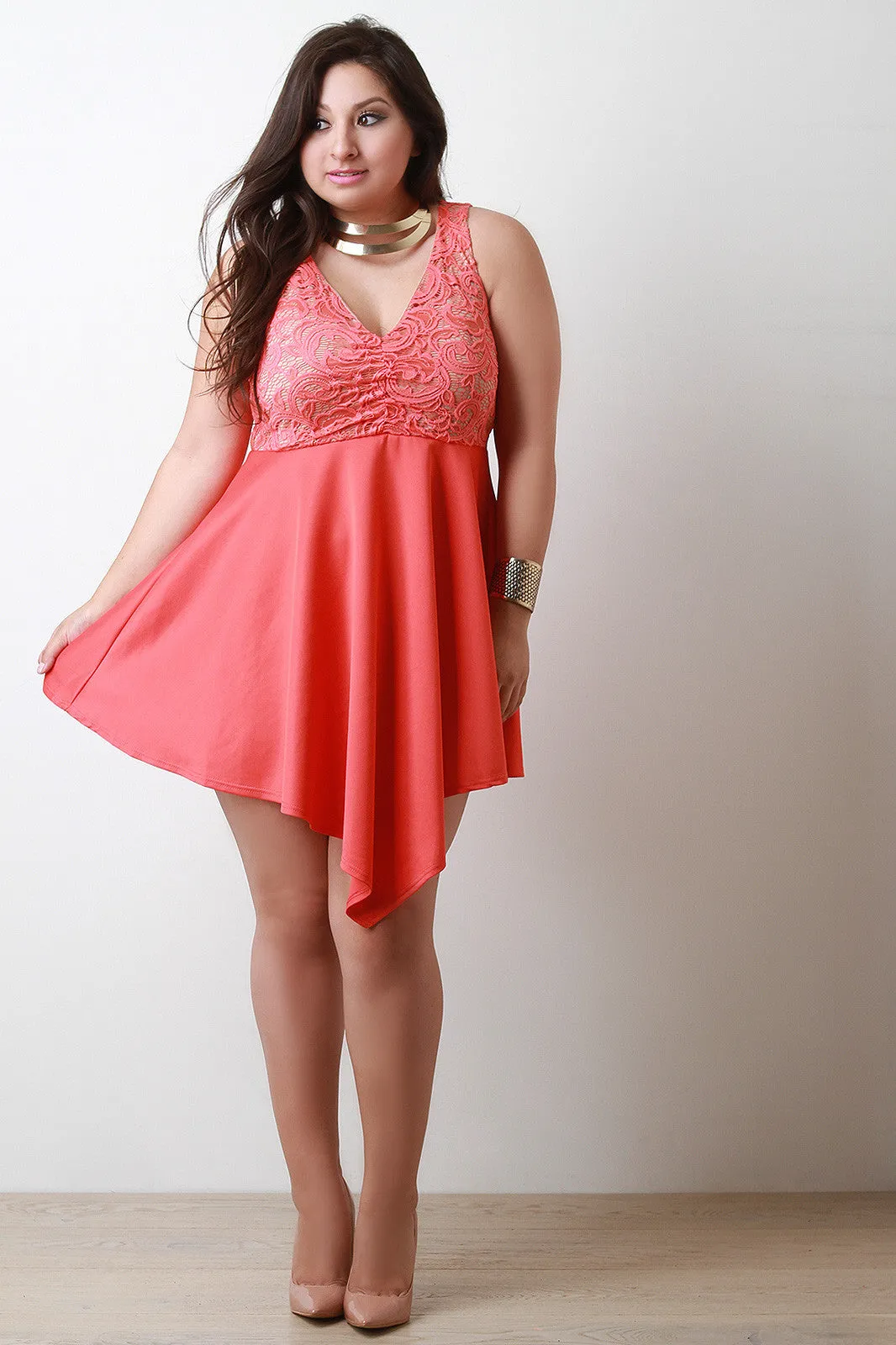 Lace Bodice Sleeveless Angle Hem Fit And Flare Dress