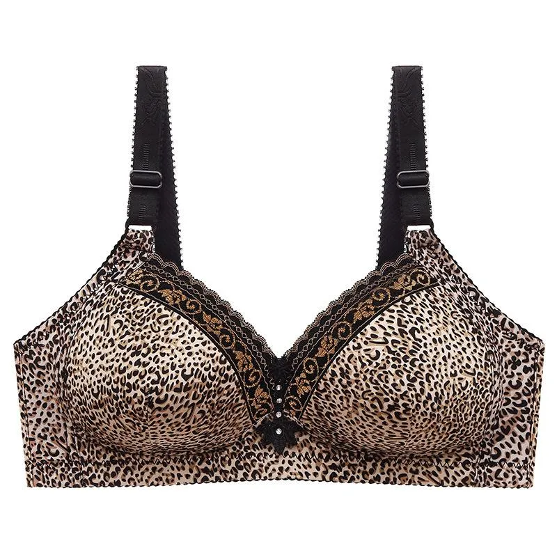 Leopard Print Large Size No Rims Bra Women's Breast-receiving Anti-sagging Push-up Bra