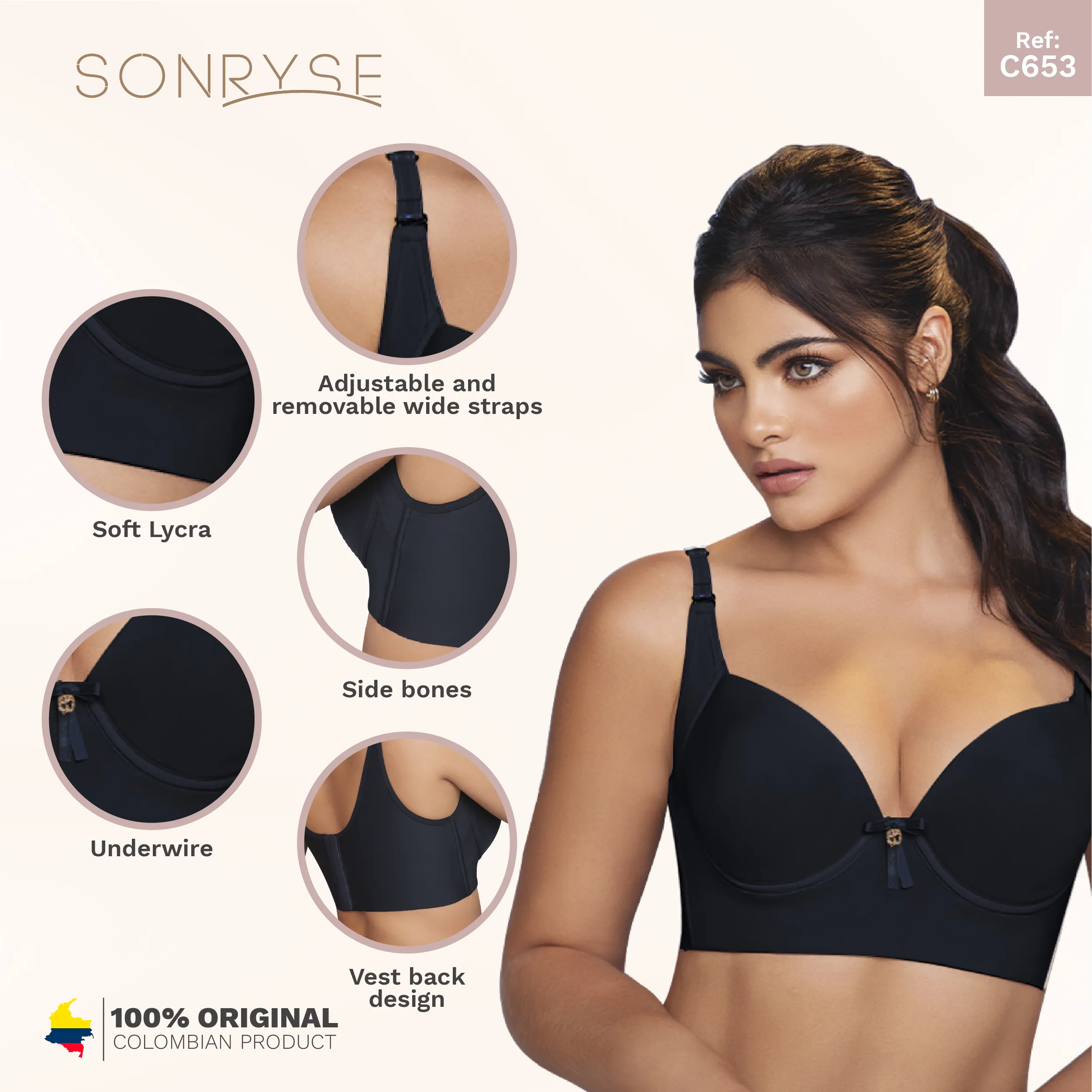 Push Up Full Cup Supportive High Back Bra for Women Sonryse C653