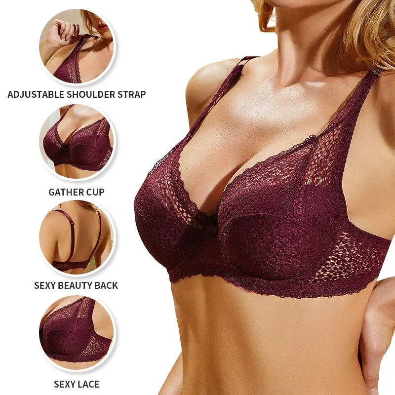 Queenral Underwear Adjustment Thin Section Big Breasts Gathering Ladies Large Size Lace Underwire Bra