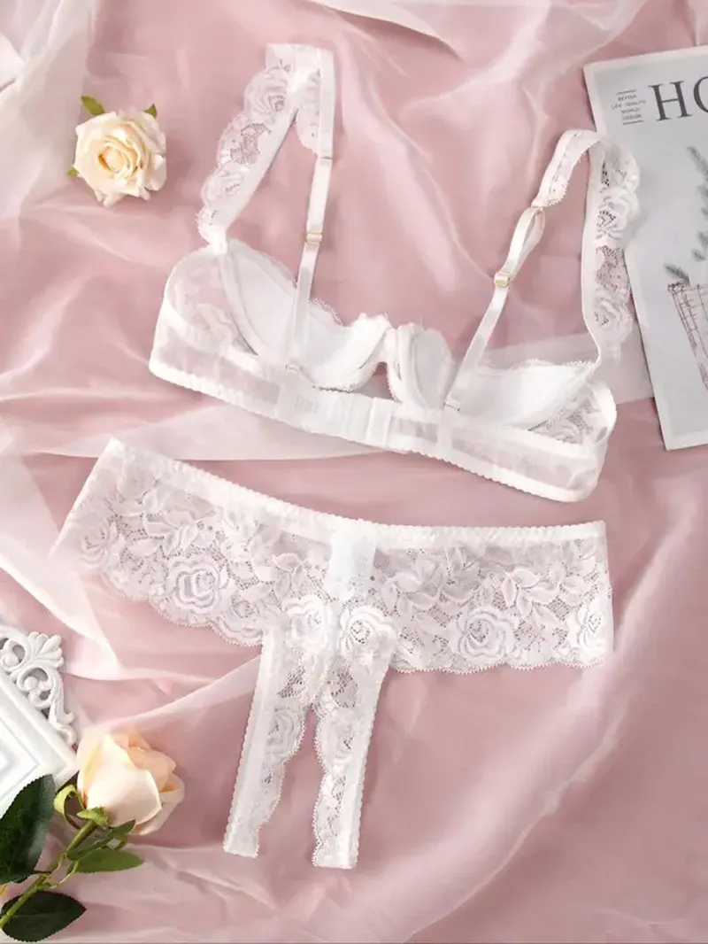 "Floral Lace Lingerie Set - Seductive Bra and Crotchless Thong for Women"