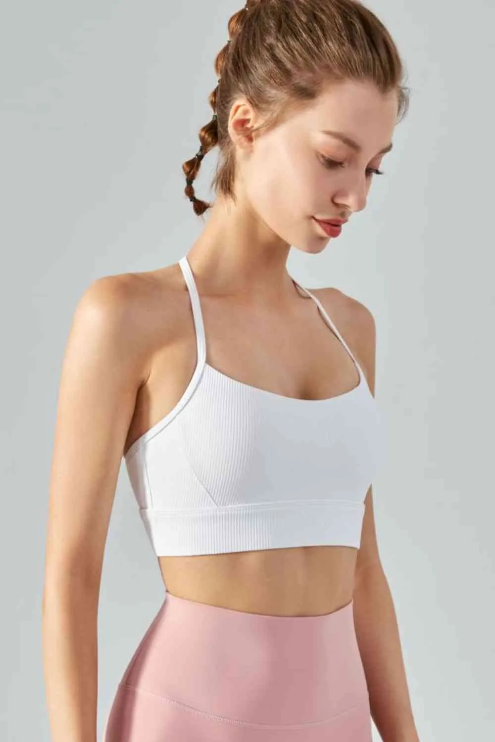 Ribbed Halter Neck Open Back Cropped Sports Cami