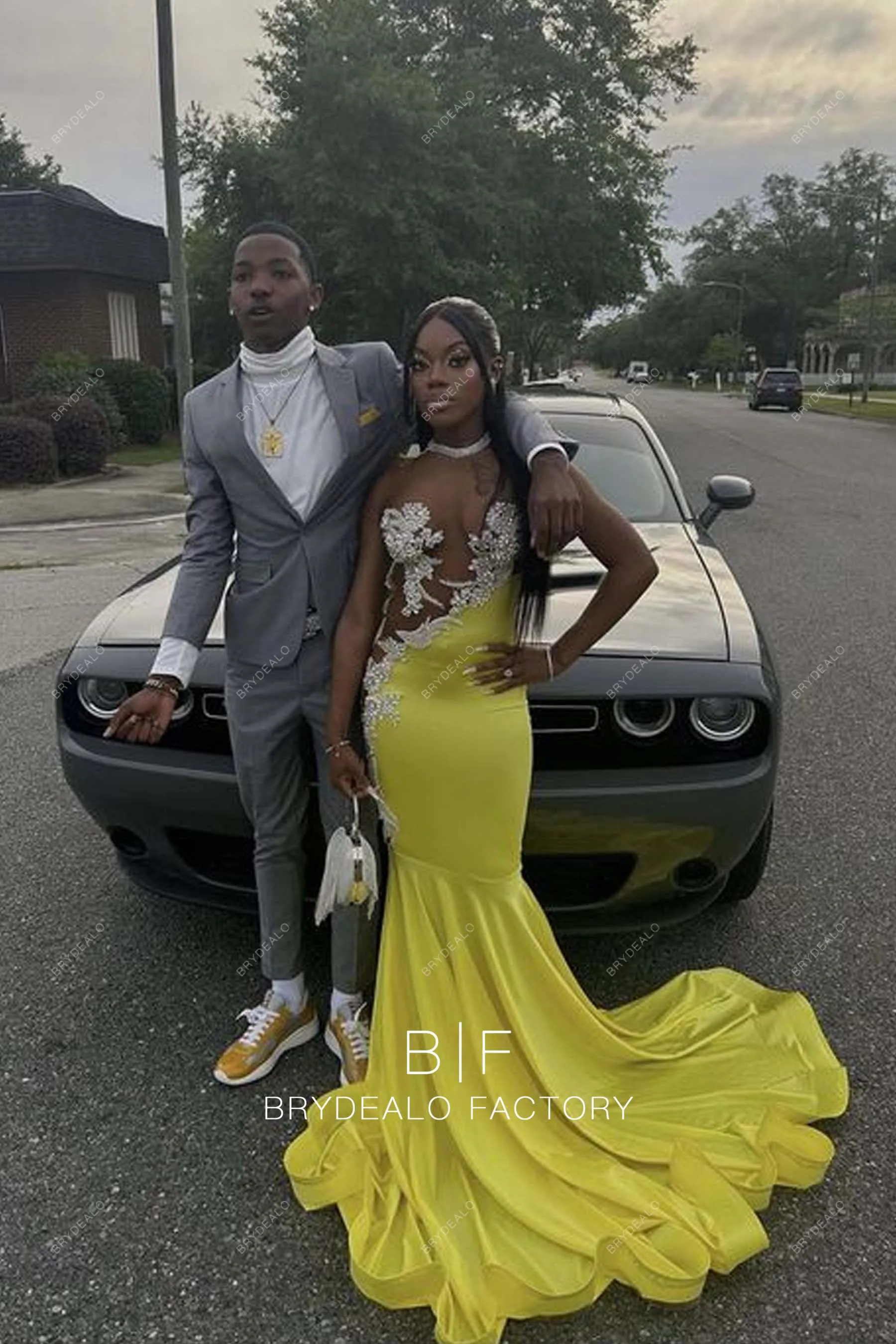 Sexy Illusion Neck Beaded Lace Yellow Jersey Mermaid Prom Gown