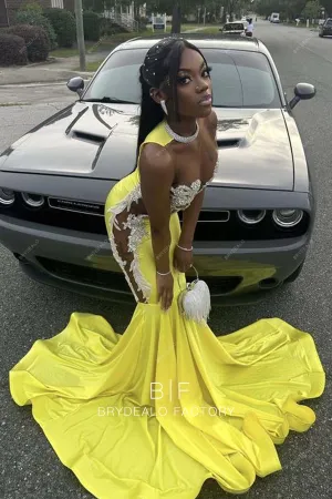 Sexy Illusion Neck Beaded Lace Yellow Jersey Mermaid Prom Gown