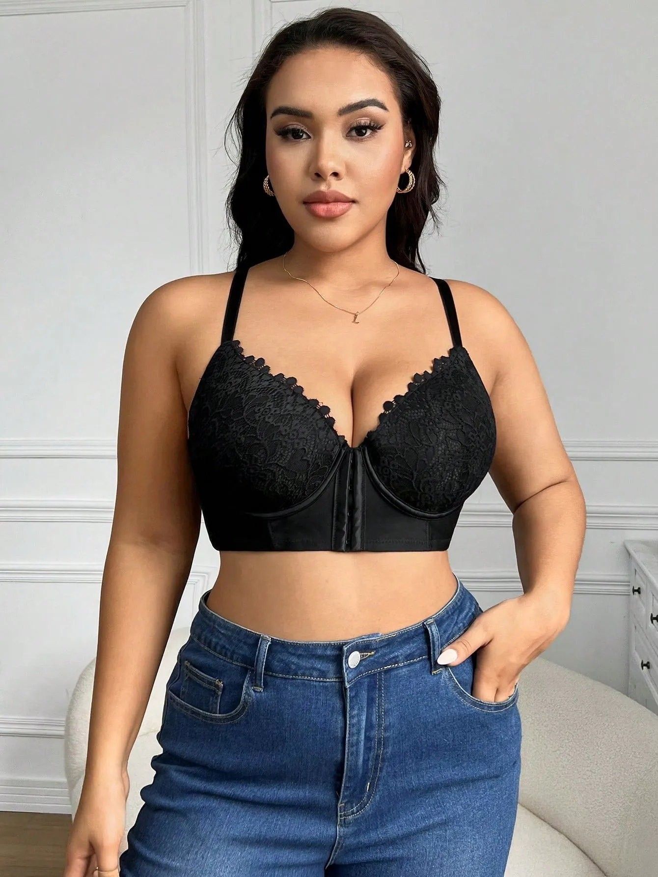 Sexy Romantic Casual Comfortable Front-Open Lace Plus Size Bra, Prevent Sagging And Support Breast, Adjustable 1pc