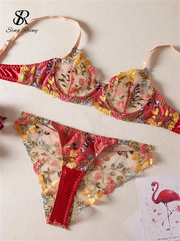 Sheer Floral Embroidered Underwire Bra & Brief Sets - Thin Mold Cup