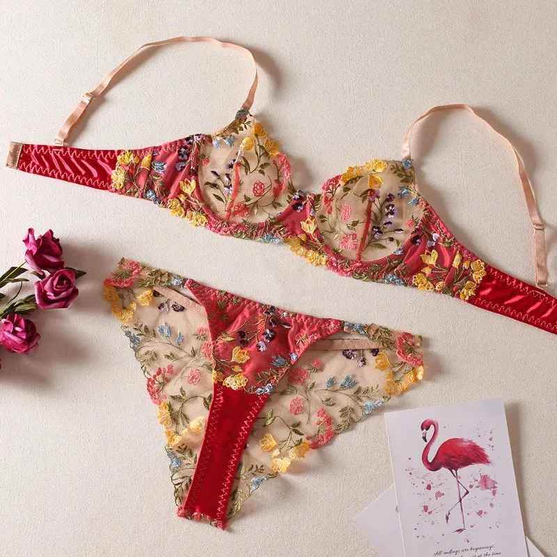 Sheer Floral Embroidered Underwire Bra & Brief Sets - Thin Mold Cup