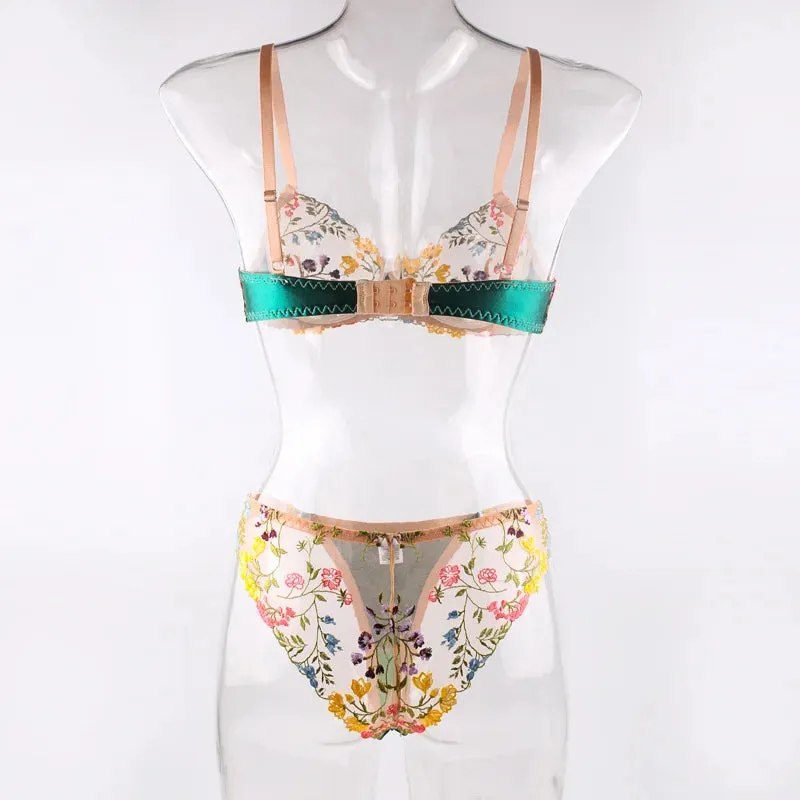 Sheer Floral Embroidered Underwire Bra & Brief Sets - Thin Mold Cup