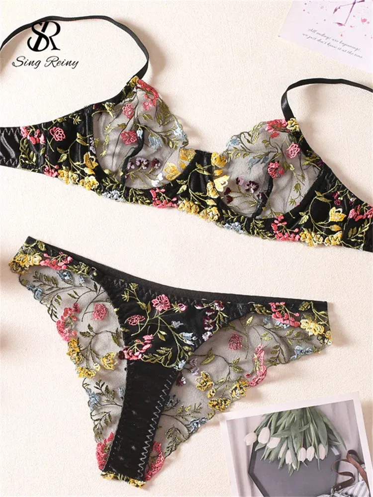 Sheer Floral Embroidered Underwire Bra & Brief Sets - Thin Mold Cup