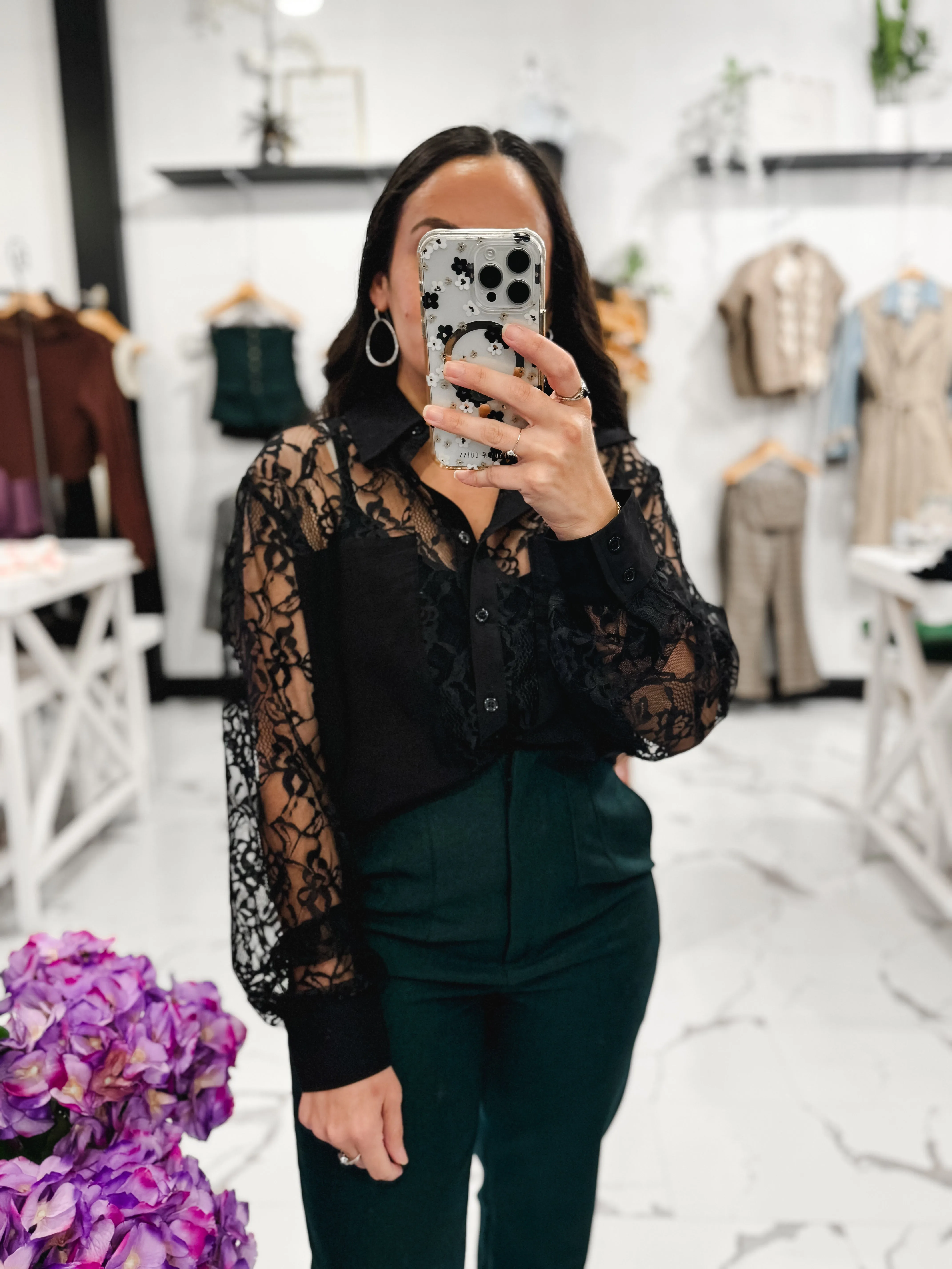 Sweeter In Lace Button Down Top (Black)