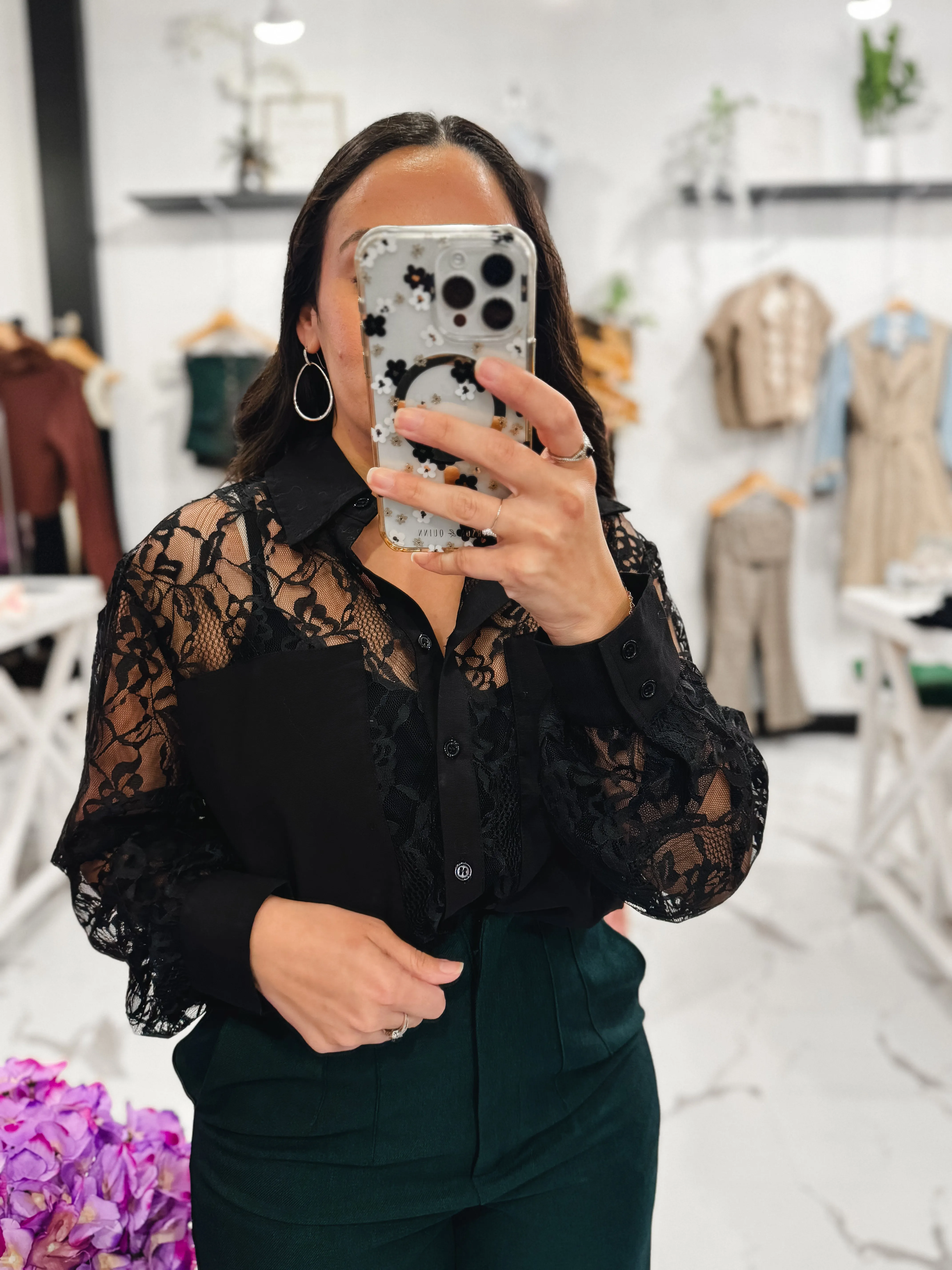 Sweeter In Lace Button Down Top (Black)