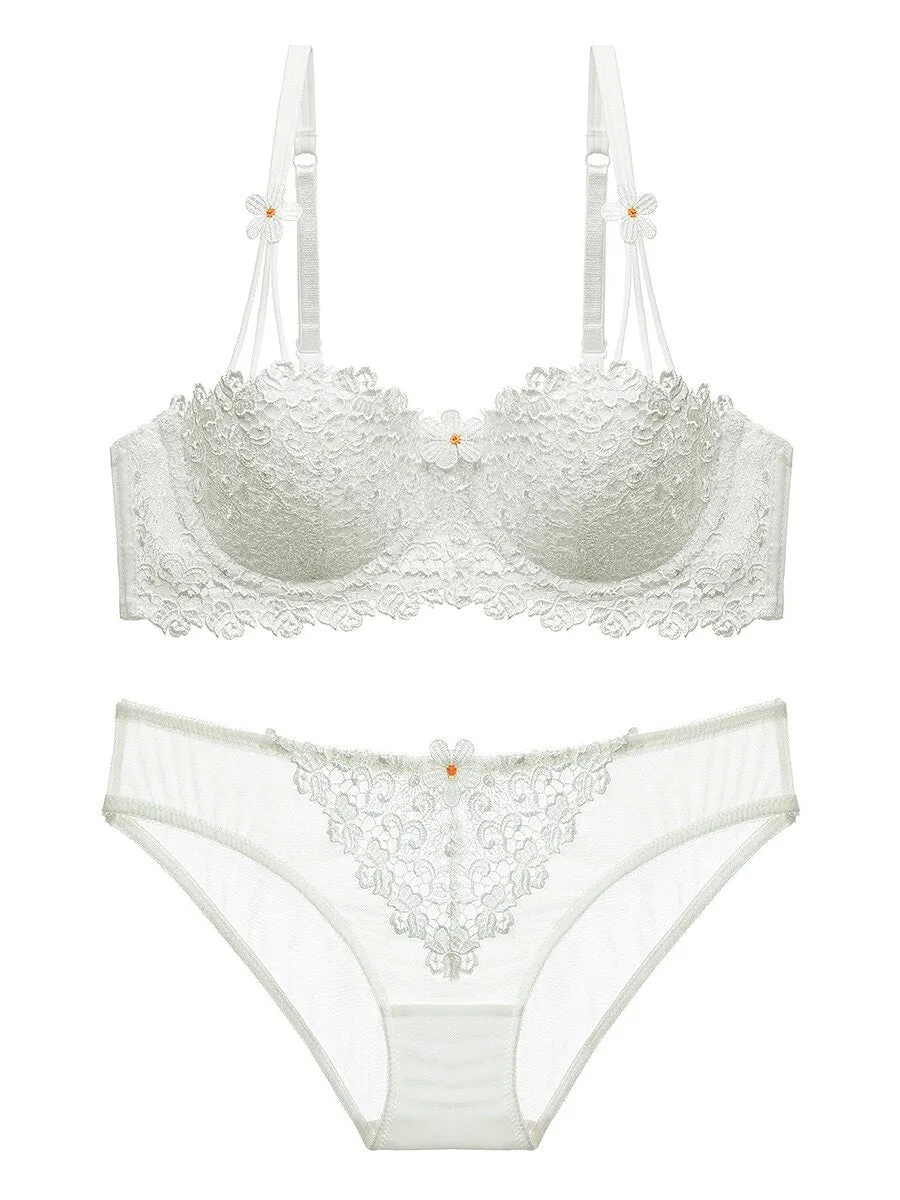 Thin 1/2 half cup bra lace sexy embroidery ladie's underwear bra set