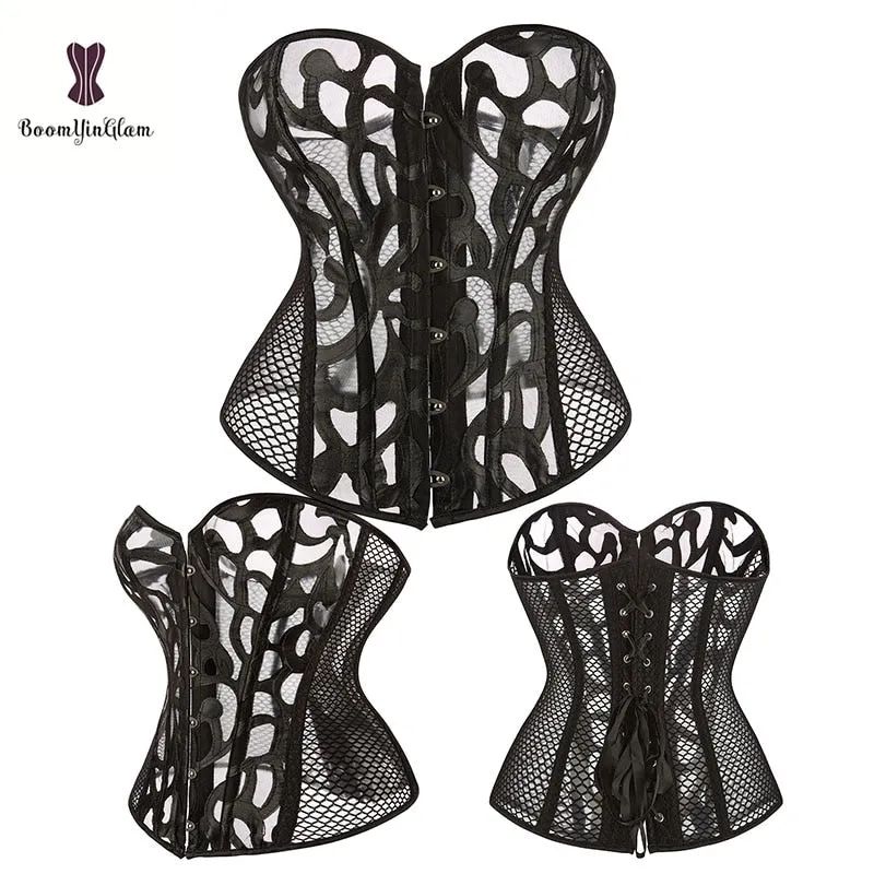 Transparent Sexy Black Corset Plus Size 6XL Corsets Overbust Fish Bone Bustier Hollow Out Corselet Front Clasp Closure Korset