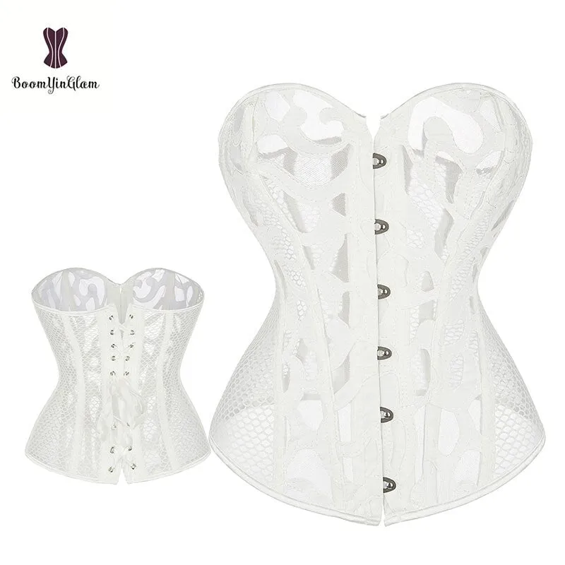 Transparent Sexy Black Corset Plus Size 6XL Corsets Overbust Fish Bone Bustier Hollow Out Corselet Front Clasp Closure Korset