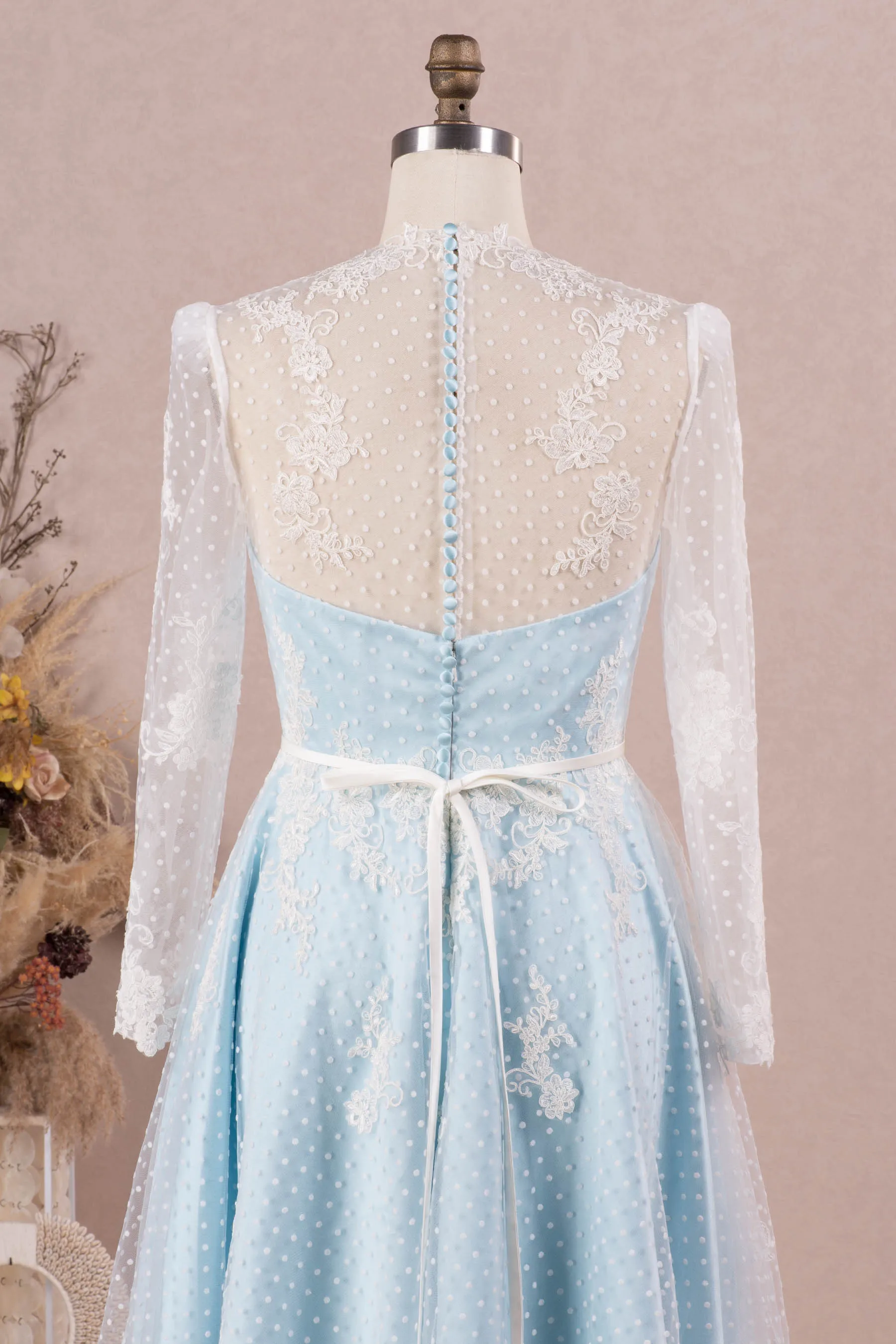 Vintage Lace Overlaid Sky Blue Short A-line Bridal Dress