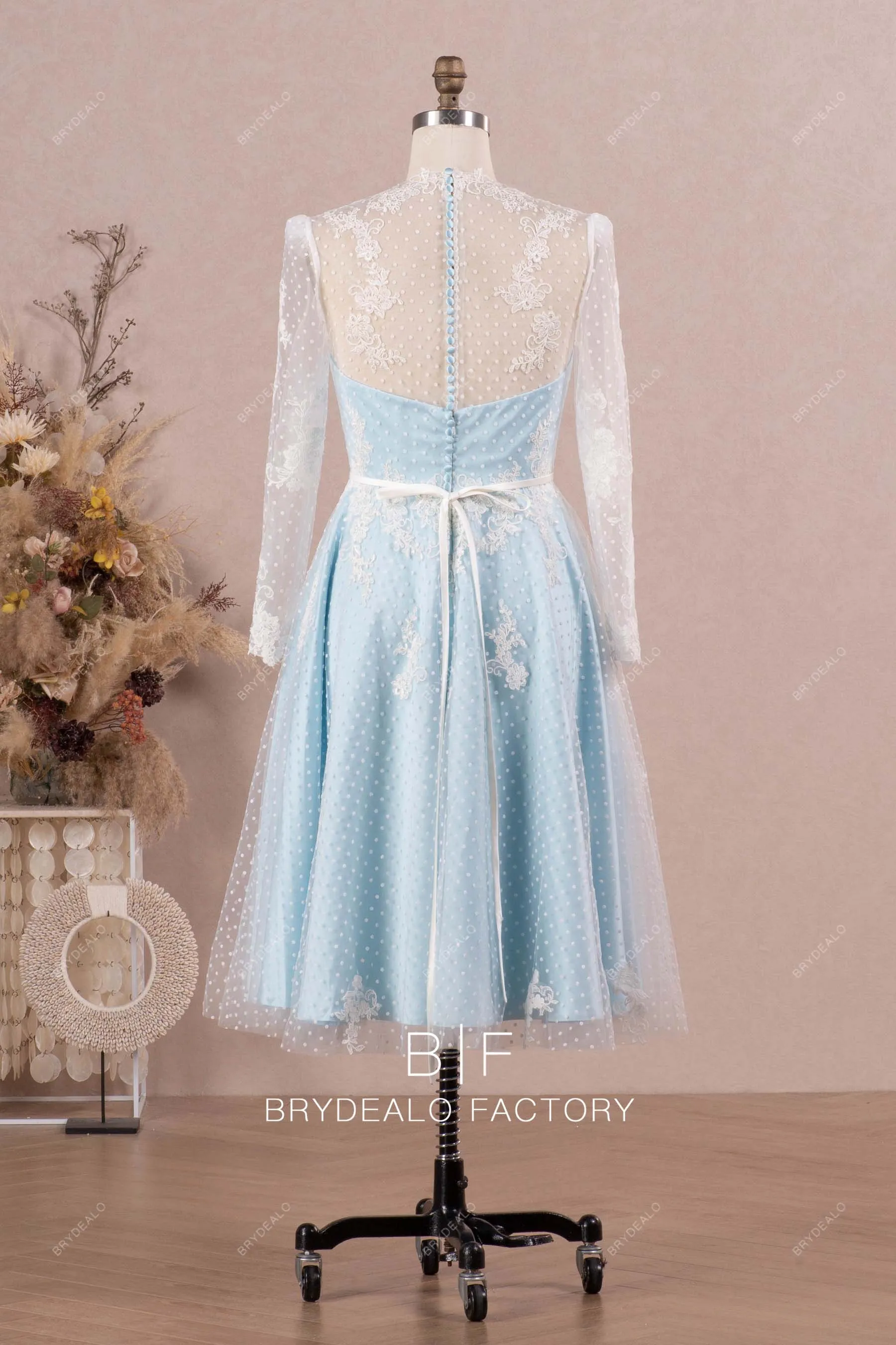 Vintage Lace Overlaid Sky Blue Short A-line Bridal Dress