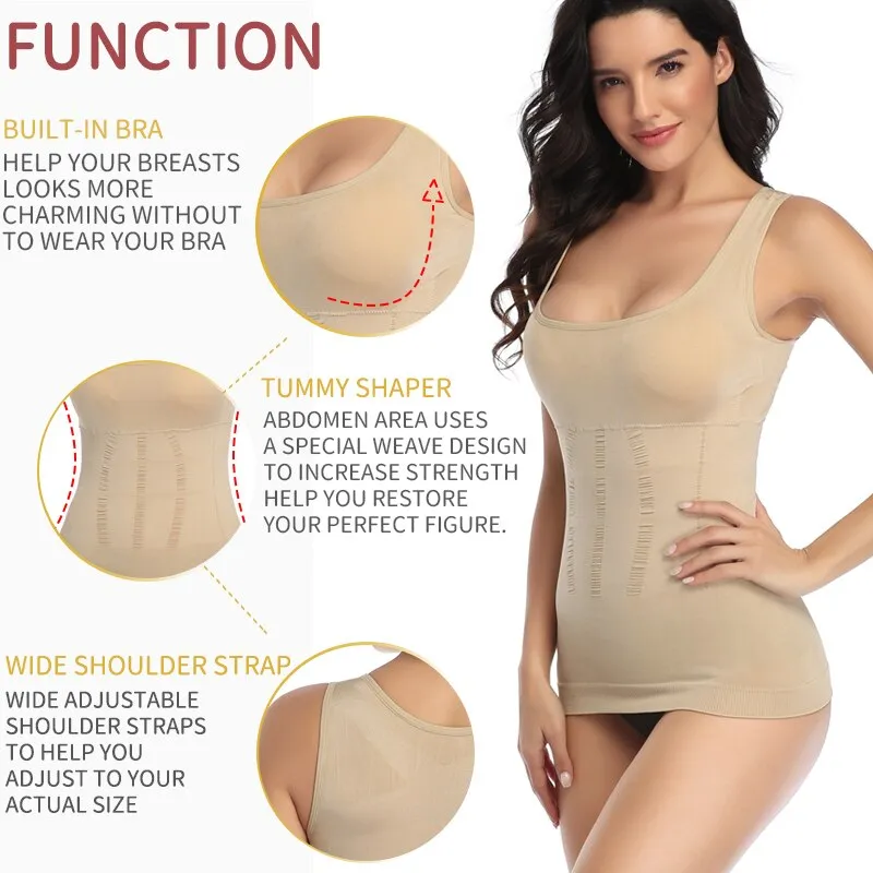 Women's Padded Shapewear Camisole Body Shaper Compression Shirt With Pads Waist Trainer Tummy Control Tank Tops Seamless Corset