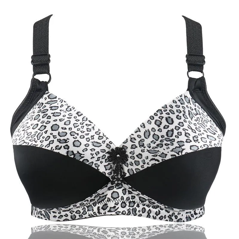 Women's Plus Size Bra Leopard Print Wire Free Bras Ajusted Brassiere Thin Cup Underwear