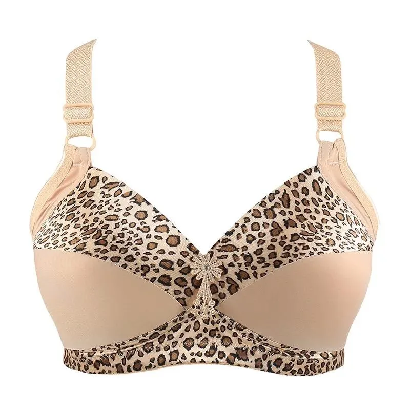 Women's Plus Size Bra Leopard Print Wire Free Bras Ajusted Brassiere Thin Cup Underwear