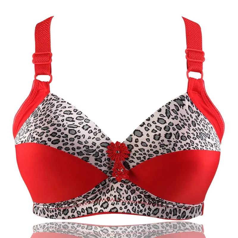 Women's Plus Size Bra Leopard Print Wire Free Bras Ajusted Brassiere Thin Cup Underwear